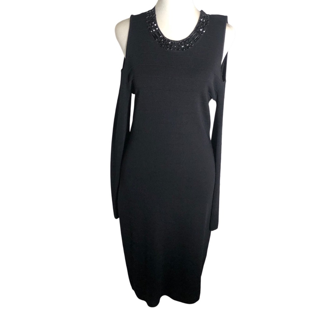 Mixt by Heidi Weisel black cold shoulder beaded midi dress Sz Medium